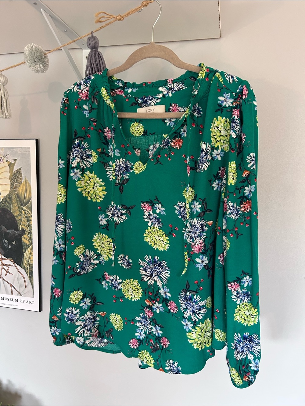 LOFT Emerald Green Floral Tie-Neck Blouse